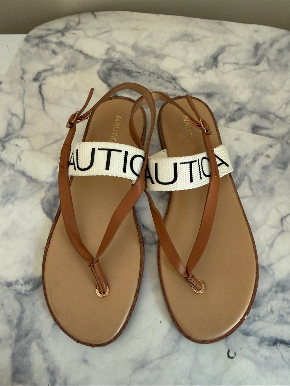 Nautica Tan Leather Thong Sandals with White Logo Strap